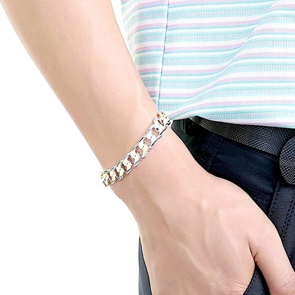 Cuban Chain Link Sterling Silver Gold Silver Unisex Bracelet - Picture 4 of 6